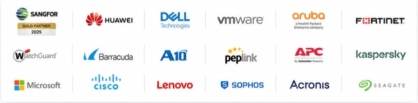 Prima Integrated Solutions technology partners including Sangfor, Huawei, Dell Technologies, VMware, Aruba, Fortinet, WatchGuard, Barracuda, A10, Peplink, APC, Kaspersky, Microsoft, Cisco, Lenovo, Sophos, Acronis and Seagate